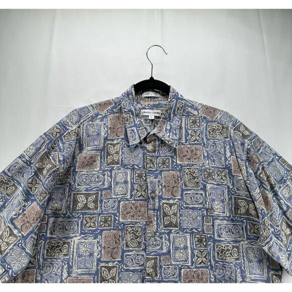 Pierre Cardin Shirt Mens Sz L Tropical Camp Geometric Button Down Cotton Blue - Picture 3 of 10